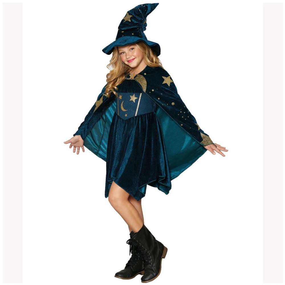 Velvet Witch Costume NEW Girls S 6 6X Teal Hat Cape Dress Moon Stars Celestial